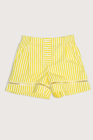 flat lay Boxer With Embroidered Hem Shorts yellow white vertical stripe Venetian boxer
Hemstitch embroidery
Straight leg
Mid-rise
Relaxed fit
Elasticated at the waist
Yellow and white vertical stripe
Mother-of-pearl buttona
Medium weight cotton
100% two-ply cotton poplin woven in Italy