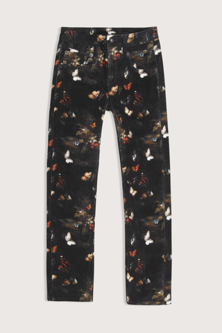 flat lay Boy Straight Velvet Butterfly Pant multi black faded black base with butterfly print throughout Slim straight fit
Cropped leg
Velvet texture
92% Cotton, 8% Elastane
