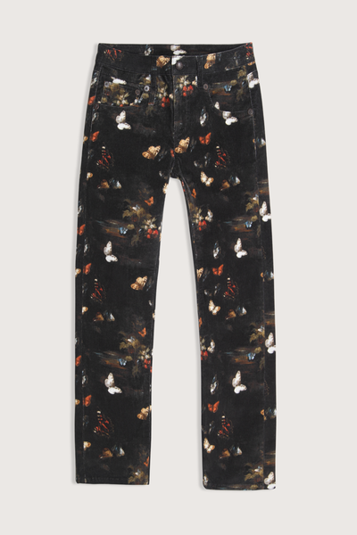 flat lay Boy Straight Velvet Butterfly Pant multi black faded black base with butterfly print throughout Slim straight fit
Cropped leg
Velvet texture
92% Cotton, 8% Elastane