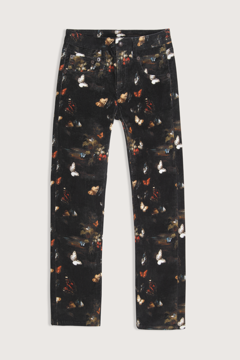flat lay Boy Straight Velvet Butterfly Pant multi black faded black base with butterfly print throughout Slim straight fit
Cropped leg
Velvet texture
92% Cotton, 8% Elastane