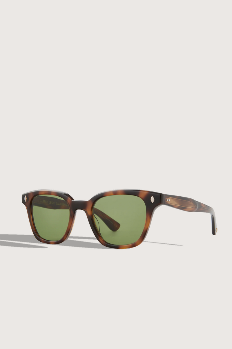 angled profile Broadway Sun Glasses square shape tortoise frame with green lens