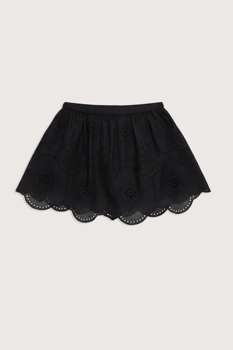 flat lay Broderie Mini Skirt black Delicate floral broderie
Scalloped hem finish
Elastic waistband
100% Cotton
