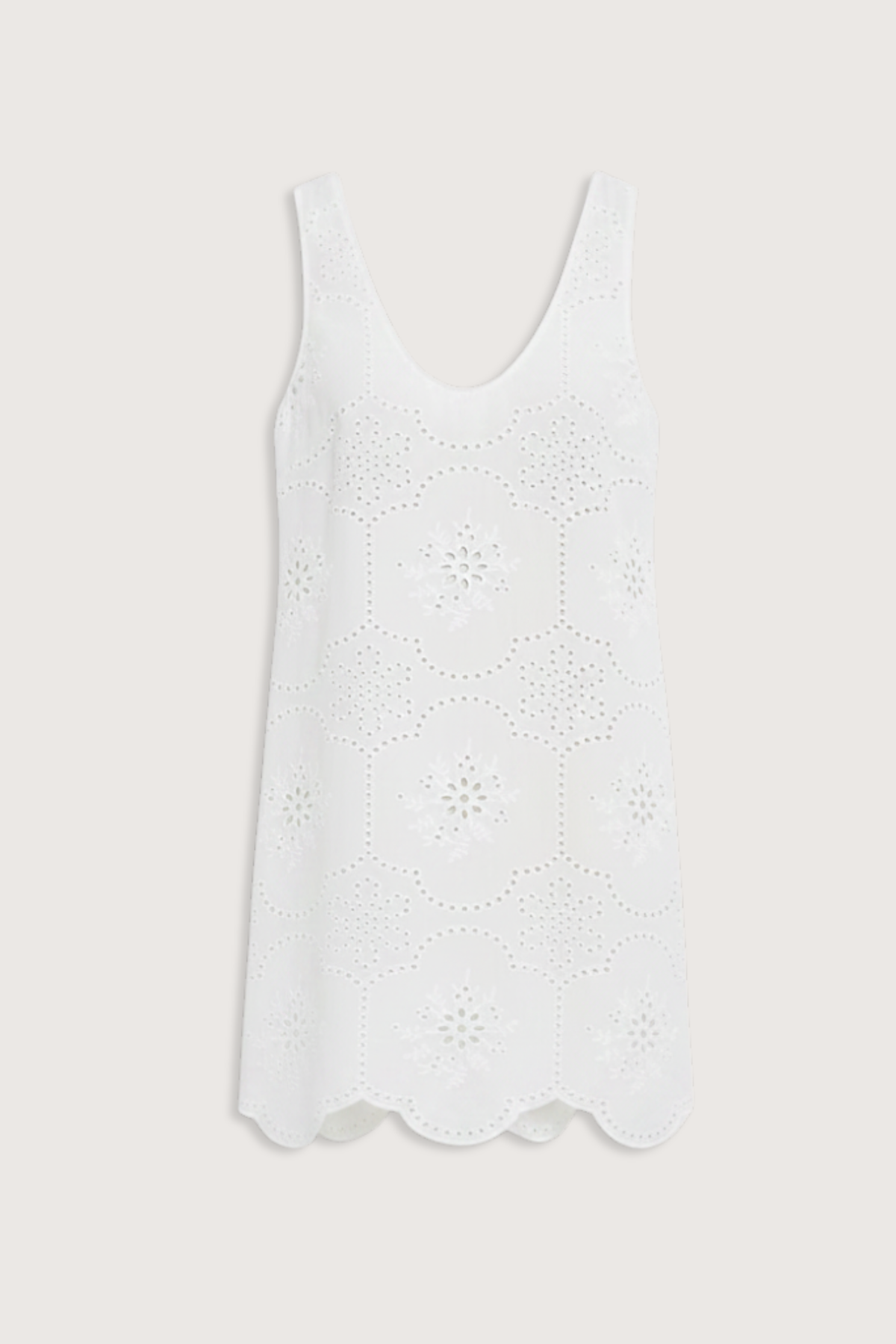 flat lay Broderie Tank Mini Dress white Delicate floral broderie
Scalloped hem
Embroidered cotton
Unlined
100% Cotton