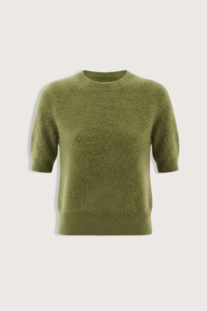 flat lay Brushed Cashmere Short Sleeve Sweater moss green High ribbed collar