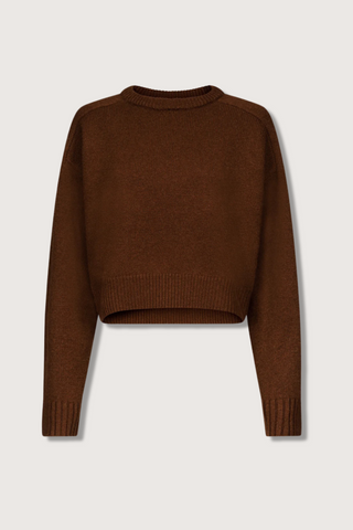 flat lay Bruzzi Sweater Brown wool cashmere crewneck drop shoulders cropped fit