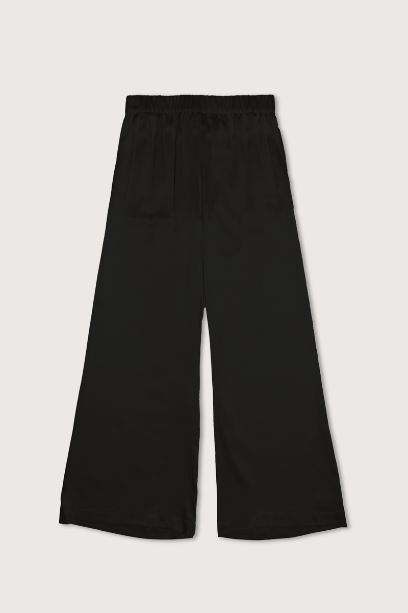 flat lay Brynn Wide Leg Silk Pant Black with elastic waist