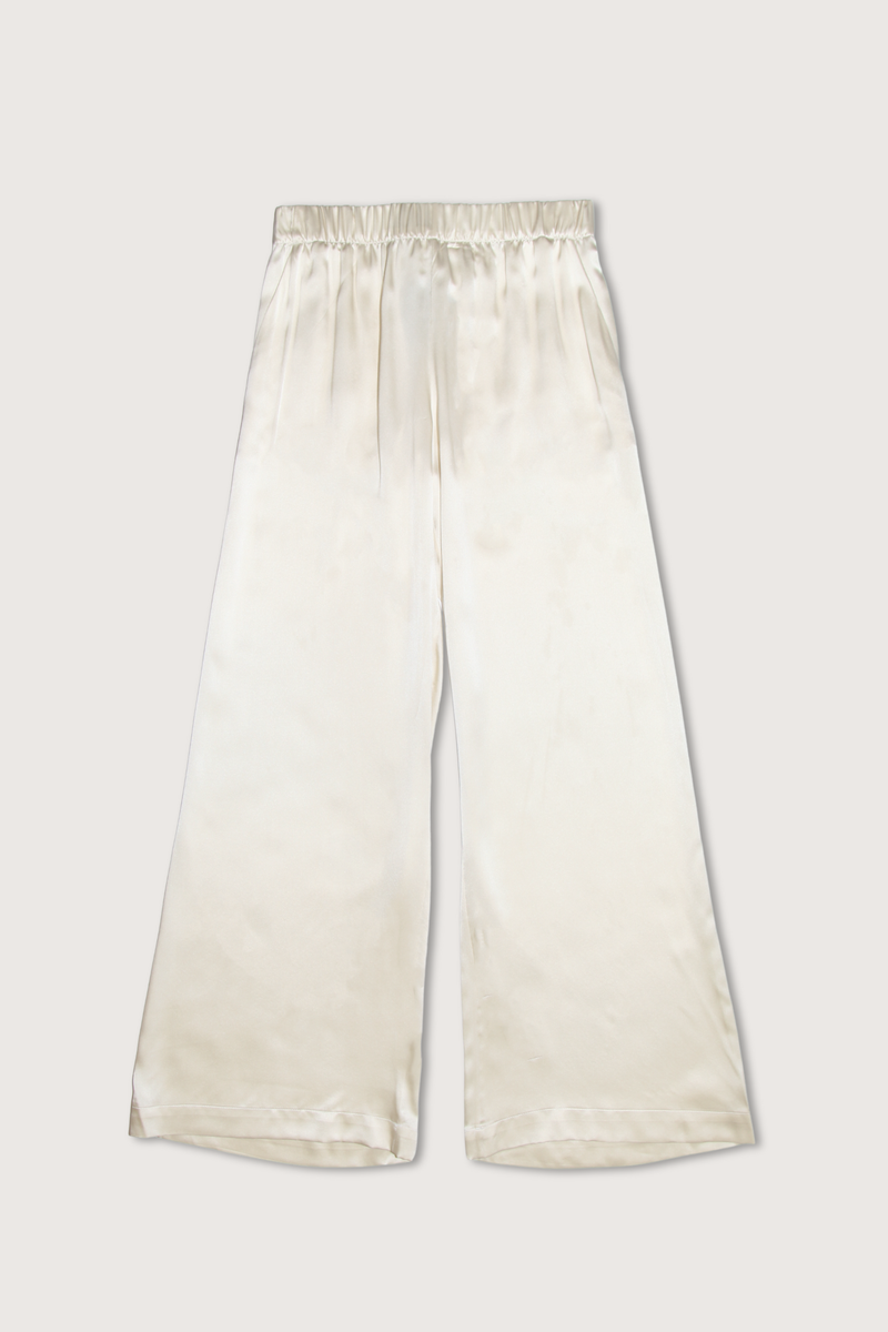 flat lay Brynn Wide Leg Silk Pant Gardenia white with elastic waist