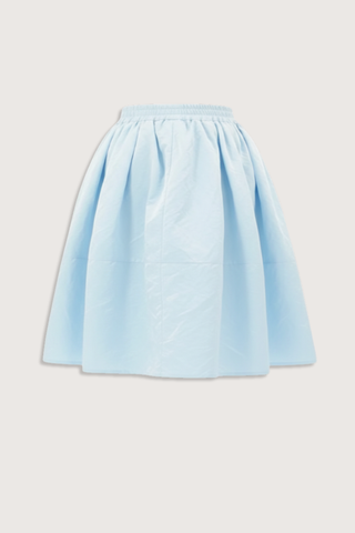 flat lay Bubble Crinkle Satin Skirt ceil blue Bubble skirt
Elastic waistband
Decorative stitching
Side seam pockets