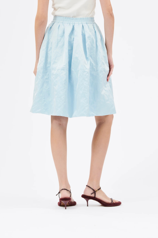 back profile model wearing Bubble Crinkle Satin Skirt ceil blue Bubble skirt
Elastic waistband
Decorative stitching
Side seam pockets