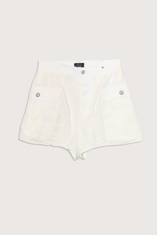 flat lay Bubble Skort white Italian Crinkle Linen
Skort style
Side pockets
Belt loops
Relaxed fit 
R13 logo button closure and flap front button pockets