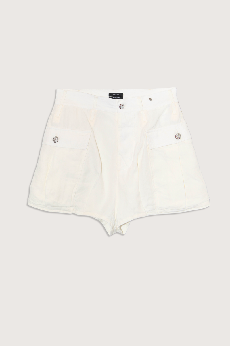 flat lay Bubble Skort white Italian Crinkle Linen
Skort style
Side pockets
Belt loops
Relaxed fit 
R13 logo button closure and flap front button pockets