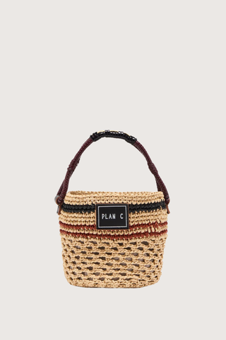 front profile Bucket Straw Bag natural Woven straw bucket bag
Contrast striped pattern
Braided handle
Signature logo patch