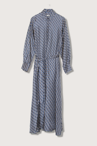 flat lay Button Down Long Sleeve Silk Dress admiral blue geometric mini pattern attached waist tie high side slit hidden button closure midi length