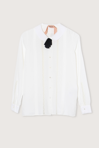 Silk L/S Shirt with Lace Trim White