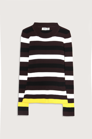 flat lay Cadanet Merino Long Sleeve Striped Top Crewneck
Long sleeve
Contrast white, black, brown and yellow horizontal stripe
Ribbed

100% merino wool