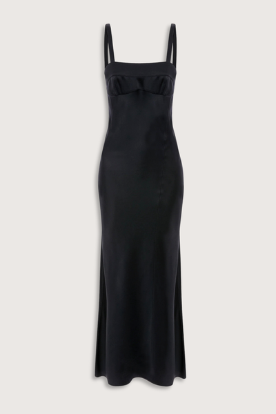 flat lay Cami Dress With Side Slit navy Midi length
Cut on the bias
Self straps
Concealed zip with hook and  eye closure
Curved side-seam split
Skirt side split