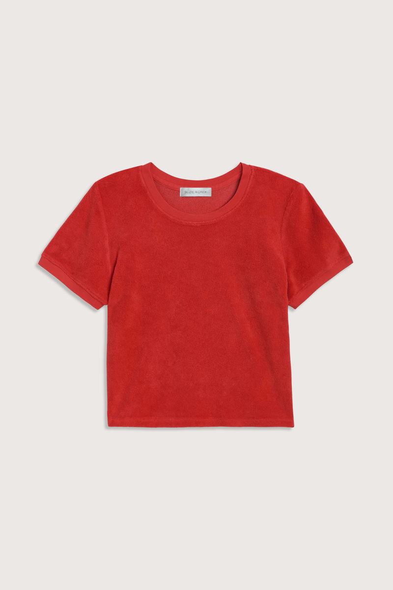 flat lay Capri Terry Short Sleeve Tee cherry fitted tee
Cropped
Gentle scoop neckline
Rib-trimmed short sleeves
cotton polyester blend