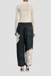 back profile model wearing Cargo Print Trouser navy rose pink Printed viscose twill fabrication
Utilitarian cargo style
Elasticated waistband with waist ties
Leg cuffs with ties
Irregular pocket design
Back welt pocket with contrast stitching