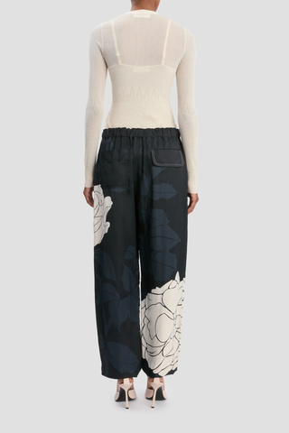 back profile model wearing Cargo Print Trouser navy rose pink Printed viscose twill fabrication
Utilitarian cargo style
Elasticated waistband with waist ties
Leg cuffs with ties
Irregular pocket design
Back welt pocket with contrast stitching