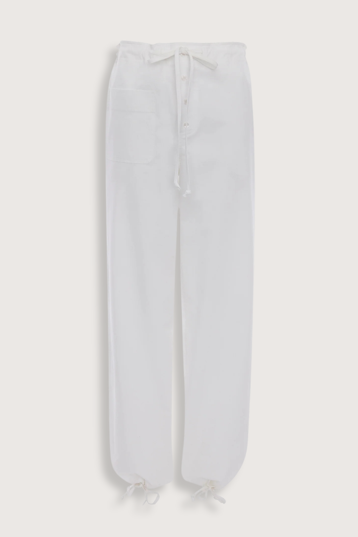 flat lay Cargo Print Trouser White Printed viscose twill fabrication
Utilitarian cargo style
Elasticated waistband with waist ties
Leg cuffs with ties
Irregular pocket design
Back welt pocket with contrast stitching