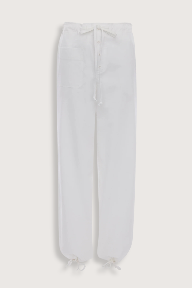 flat lay Cargo Print Trouser White Printed viscose twill fabrication
Utilitarian cargo style
Elasticated waistband with waist ties
Leg cuffs with ties
Irregular pocket design
Back welt pocket with contrast stitching