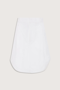 flat lay Cargo Skirt optic white A-line shape
Mid rise
Knee length
Zip fly with double hook &amp; bar closure
Self fabric waistband with internal trim
Belt loops
Button closed pocket
100% Cotton