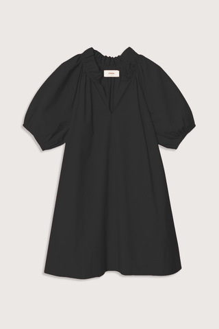 flat lay Carleigh Ruffle Neck Dress Black cotton Crisp paper poplin with a refined feel
Mini dress
Deep V-neck
Ruffle detailing
Shirred puff sleeves
Side seam pockets