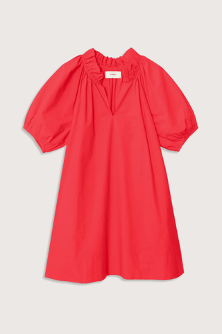 flat lay Carleigh Ruffle Neck Dress Red cotton Crisp paper poplin with a refined feel
Mini dress
Deep V-neck
Ruffle detailing
Shirred puff sleeves
Side seam pockets