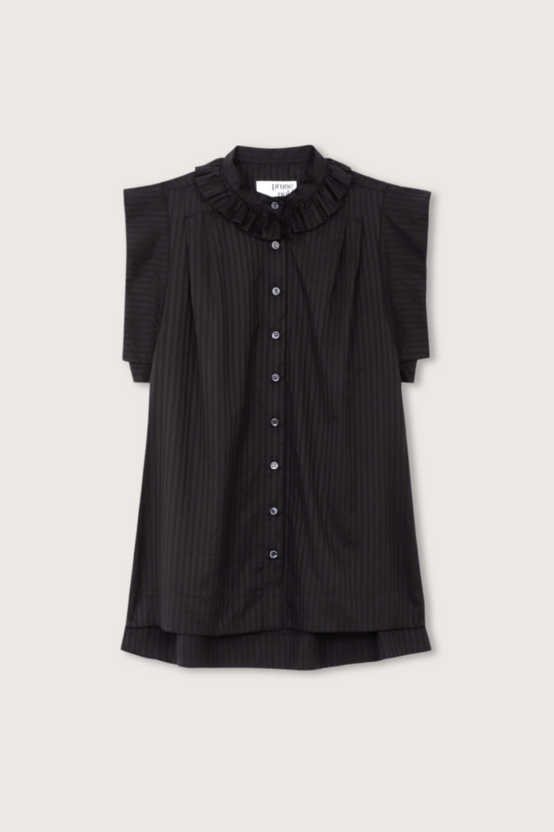flat lay Carlotta Tiny Ruffle Collar Sleeveless Shirt with black vertical stripe pattern