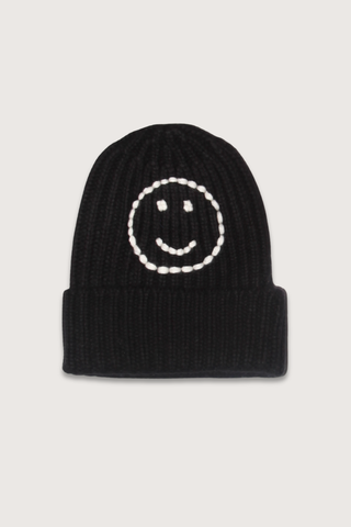 flat lay Cashmere Beanie "Happy" Black/Cream