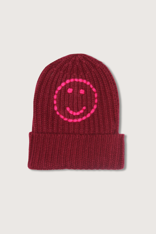 flat lay Cashmere Beanie "Happy" Bordeaux/Pink