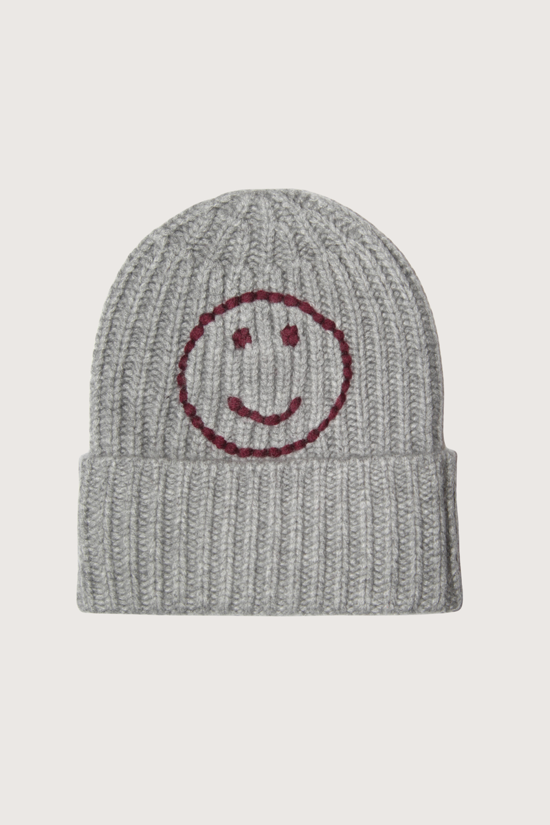 flat lay Cashmere Beanie "Happy" Husky grey/Burgundy Embroidered Ribbed
Bottom turn-ups