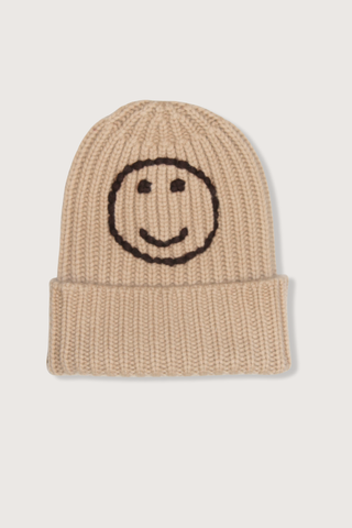 flat lay Cashmere Beanie "Happy" Taupe/Chocolate
