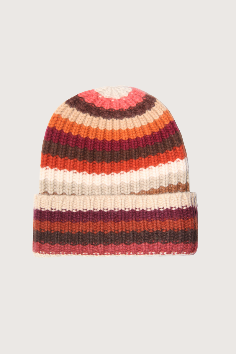 flat lay Cashmere Beanie Striped Multi Pumpkin 1 orange beige brown maroon stripe 100% Cashmere
Ribbed
Bottom turn-ups