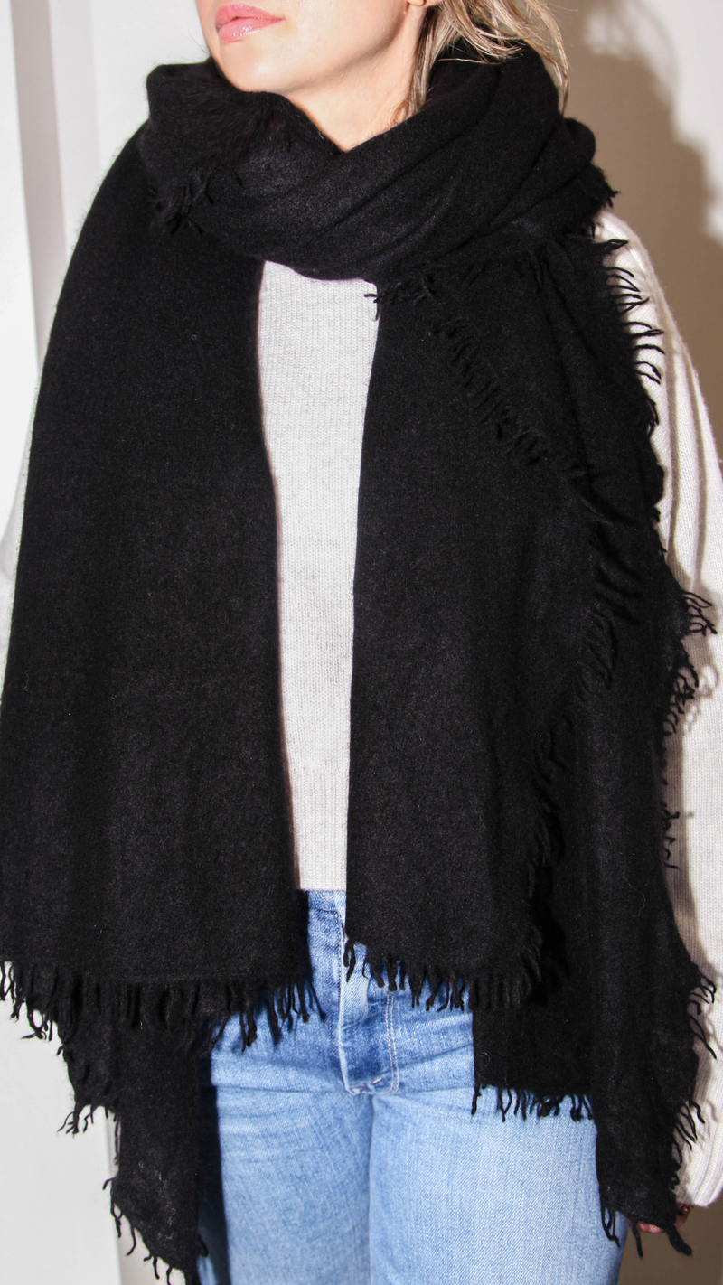model wearing Cashmere Felted Stole Black Approximately 36"x80"
