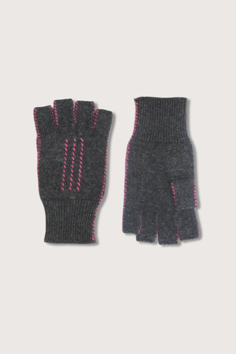 flat lay Cashmere Fingerless Stitch Glove Charcoal/Heather Rose