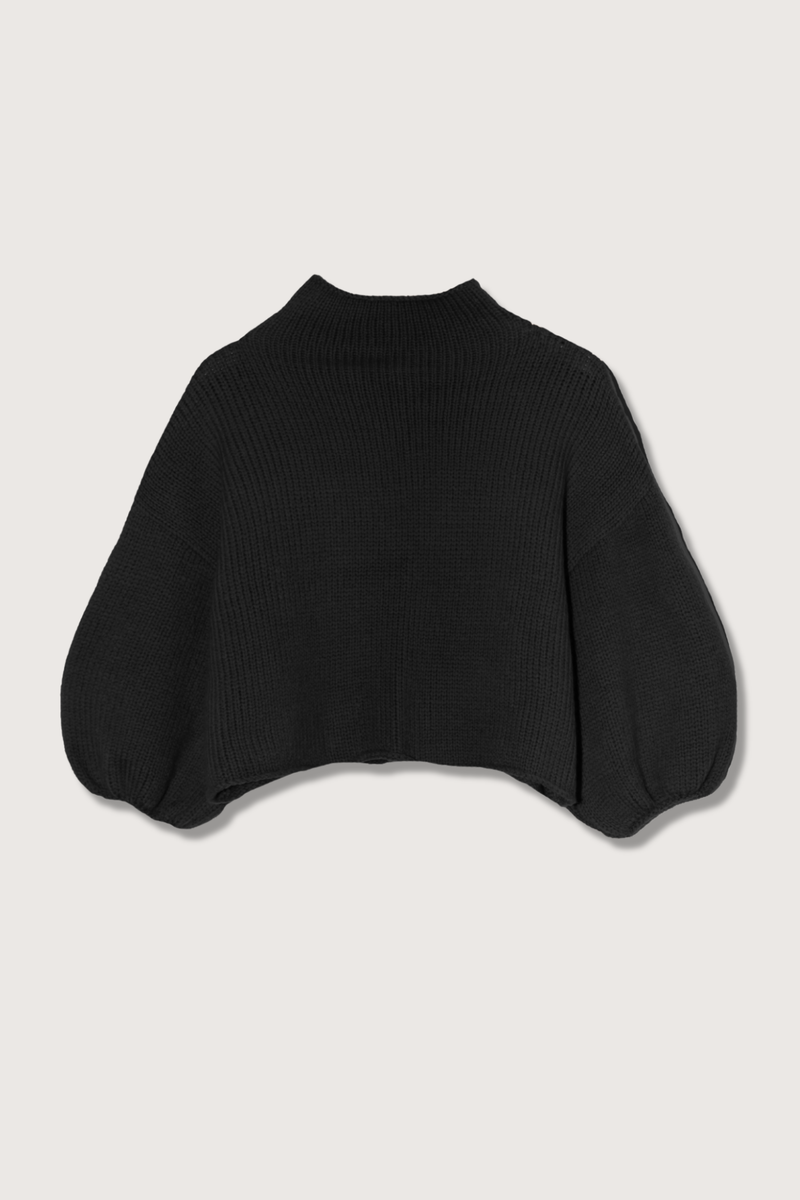 flat lay Cashmere Mock Neck Sweater Black 
Puff sleeves
Cropped, boxy fit
100% Cashmere