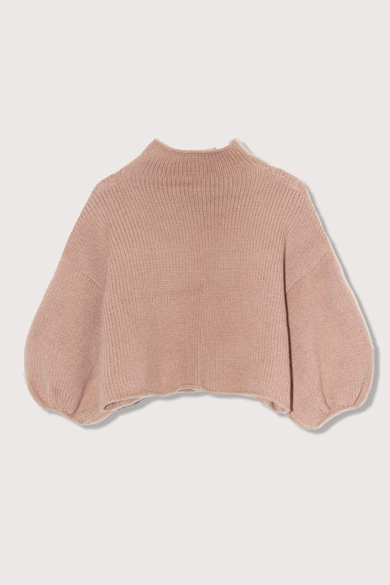 flat lay Cashmere Mock Neck Sweater almond beige Puff sleeves Cropped, boxy fit