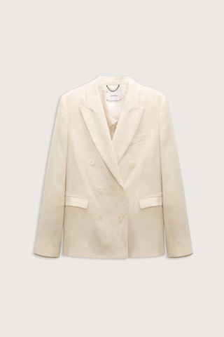 front flat lay Casual Double Breasted Long Jacket champagne white Straight cut
50 % Linen, 50 % Cotton
Peaked lapel
Flap pockets
Chest pocket
Slit cuffs
Partially lined