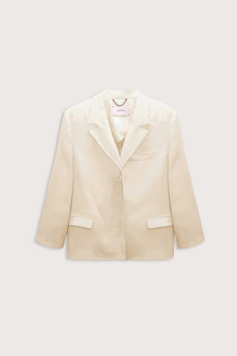 flat lay Casual Short 3/4 Sleeves Jacket champagne white Form-fitting silhouette
Cropped sleeves
50 % Linen, 50 % Cotton
Shrunken blazer
Notched lapel
Flap pockets
Chest pocket
Classic slit cuffs