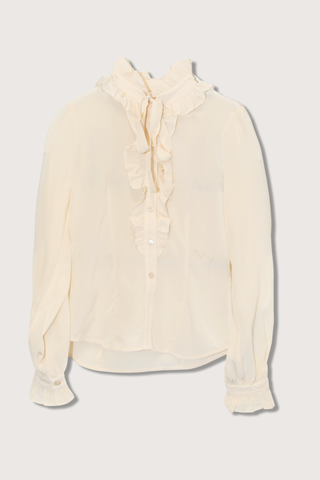 flat lay Catroux Silk Blouse pearl white with ruffle neck and necktie