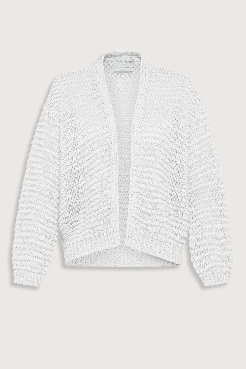 flat lay Chamois Tape Cardigan Bianco white Open front - no buttons
Long sleeves
Ribbed cuff/hem
Open knit