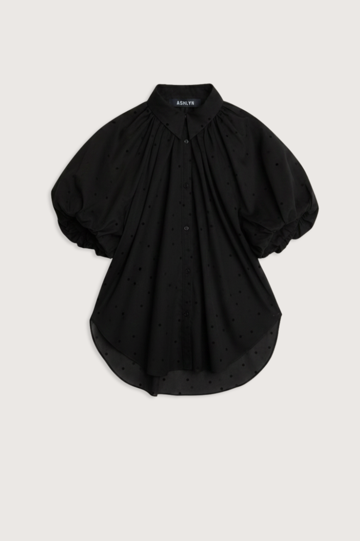 flat lay Charlie Polka Dot Shirt Black/Black Gathered neckline
Opens into its voluminous, relaxed body
Mid-length puff sleeves
Made in New York
100% Cotton Voile&nbsp;