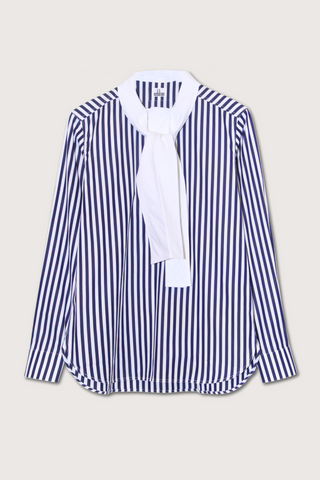 flat lay Chemise cotton shirt With Tie Navy/White vertical stripe Collarless collar with attached tie