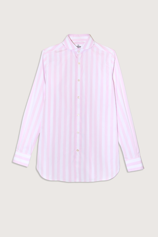 flat lay Chesmise De Garcon Shirt Straight cut - classic fit
Pink and white vertical stripe
Round collar&nbsp;
Square cuff
Medium weight
Mother of pearl
100% two-ply cotton poplin