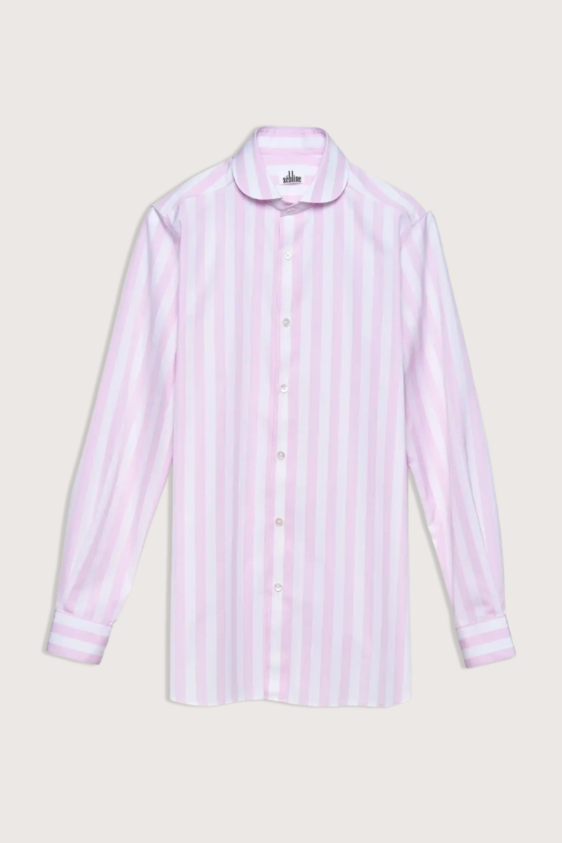 flat lay Chesmise De Garcon Shirt pink white vertical stripe Straight cut - classic fit
Pink and white vertical stripe
Round collar
Square cuff
Medium weight
Mother of pearl
100% two-ply cotton poplin woven in Italy