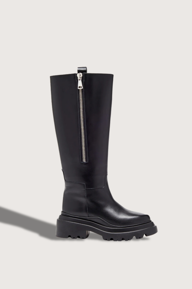 side profile Chunky Sole Leather black Boots  with side silver zipper