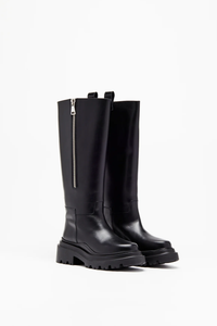 side profile Chunky Sole Leather black Boots  with side silver zipper