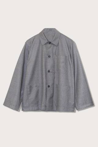 flat lay Cimabue Superfine Wool Jacket medium grey dropped shoulders chest patch pocket and two front patch pockets relaxed fit