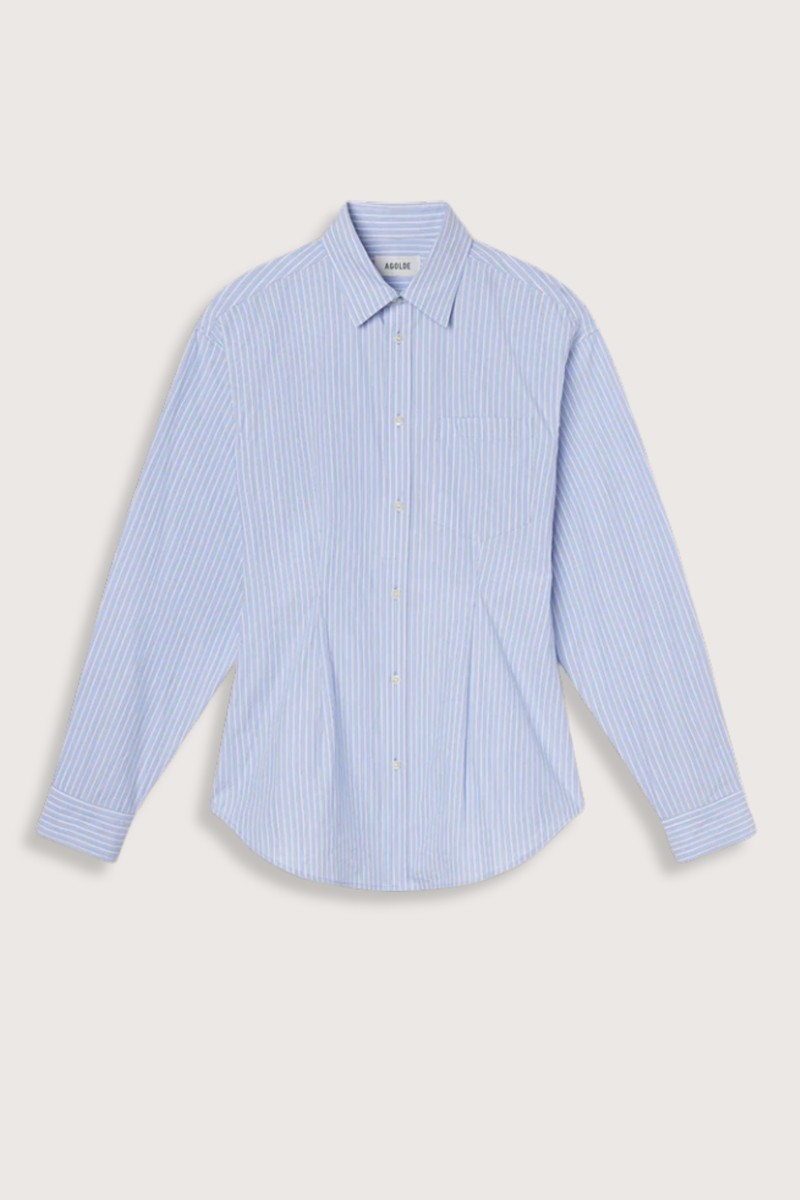 flat lay Cinch Shirt Webb Stripe light blue white stripe Tailored style
Subtle front cinch detailing
Relaxed silhouette
100% Organic Cotton